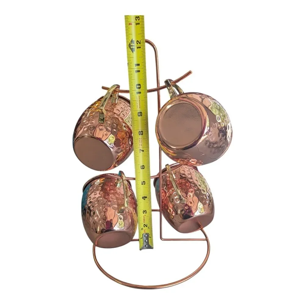 Moscow Mule Copper Mug Set of 4 Display Stand Hammered Cocktail Cups Barwear